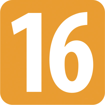 pomarańczowy kwadrat z białą cyfrą 16 w środku