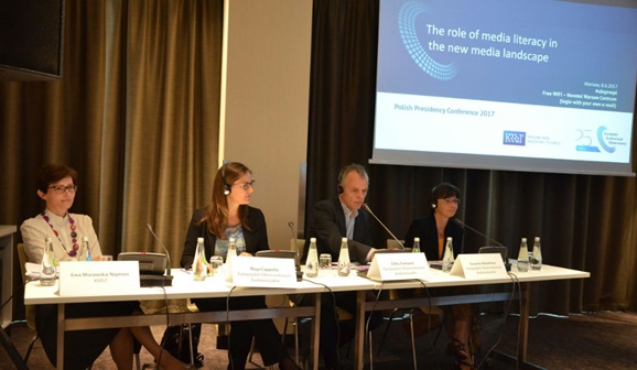 Susanne Nikoltchev, Executive Director of the EAO, Gilles Fontaine, Head of the Department for Market Information, Maja Cappello, Head of the Department for Legal Information, and Ewa Murawska-Najmiec, an expert of the Strategy Department of the NBC (fot. KRRiT)